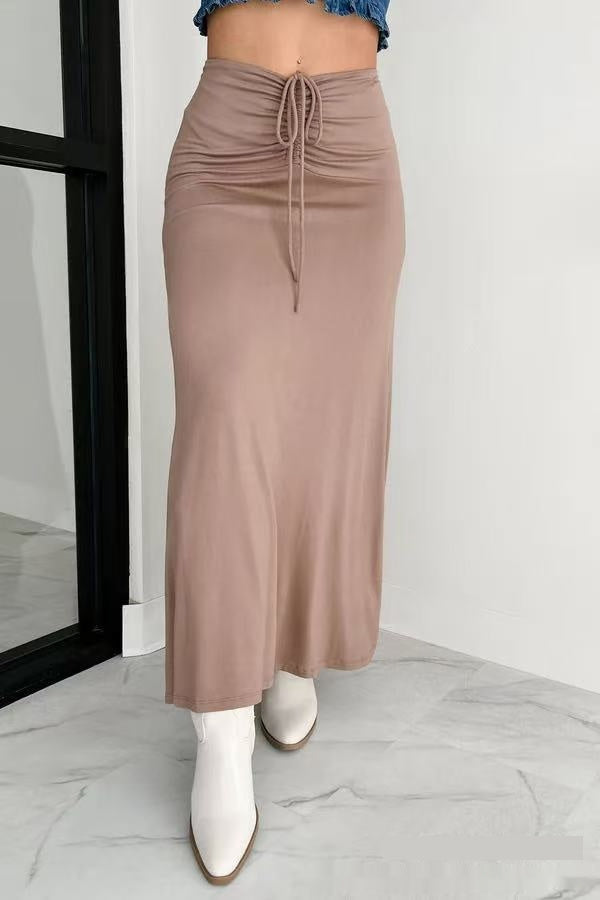 European And American Drawstring Stitching Su Pleated Solid Color Women's Skirt