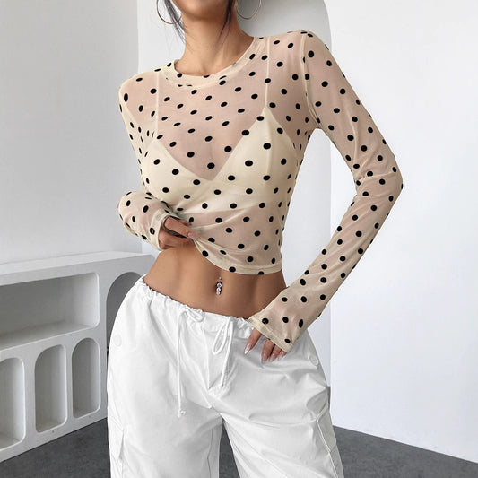 Design Sense Gennemsigtig Prikket Slank Mesh Rundhalset Langærmet T-shirt