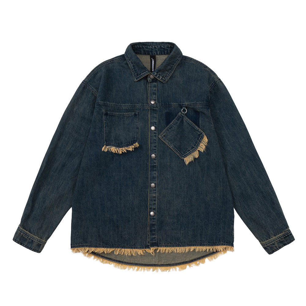 Style Personalized Pocket Design Frayed Cat Beard Shirt Jacket
