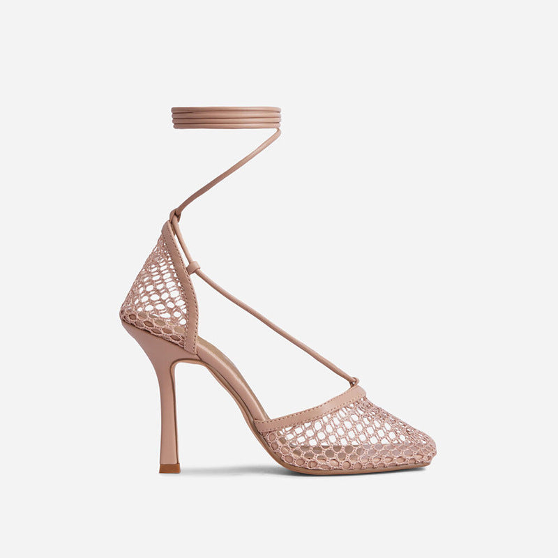 New Mesh Hollow Ankle Strap High-heeled Women's Shoes With Square Toe