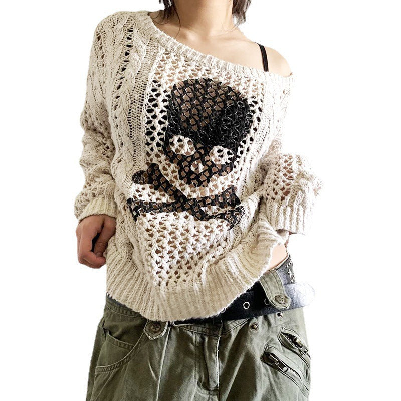 Street Hipster Solid Color Knitted Bottoming Shirt Hollow Twist Round Neck Sweater