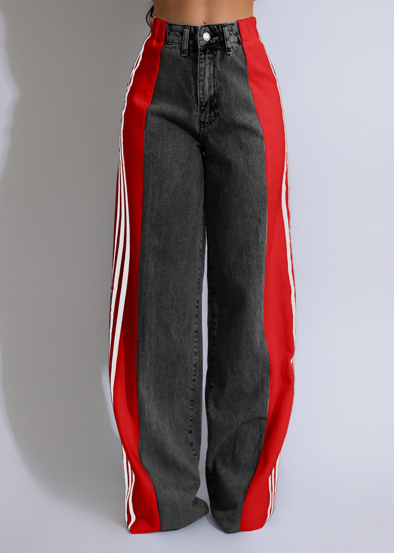 Summer Fashion Stitching Three Striped Wide Leg Denim Trousers For Women