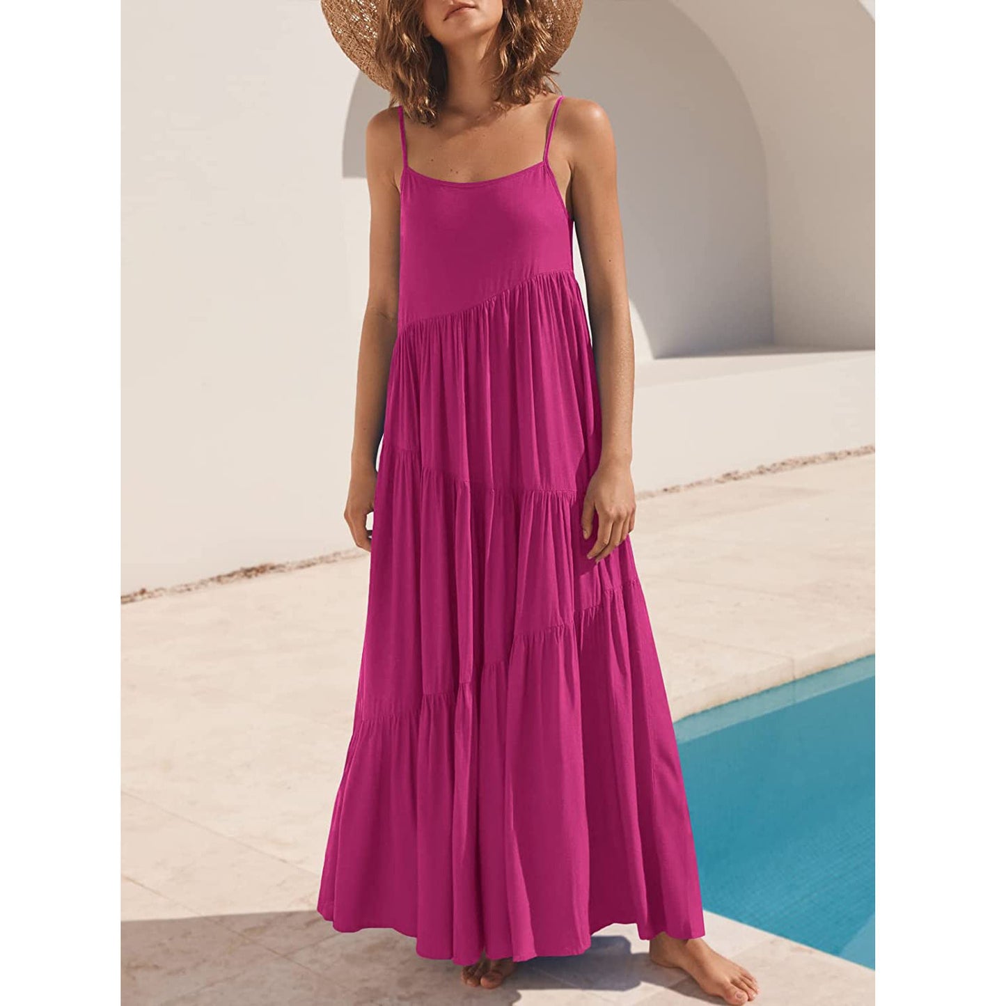 Womens Loose Casual Pleated Irregular Dress Beach Slip Maxi Dress