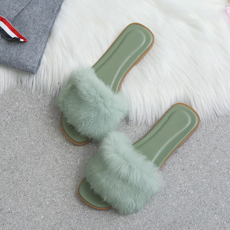 Fashion Rabbit Fur Flat Women's Slippers Plus Size