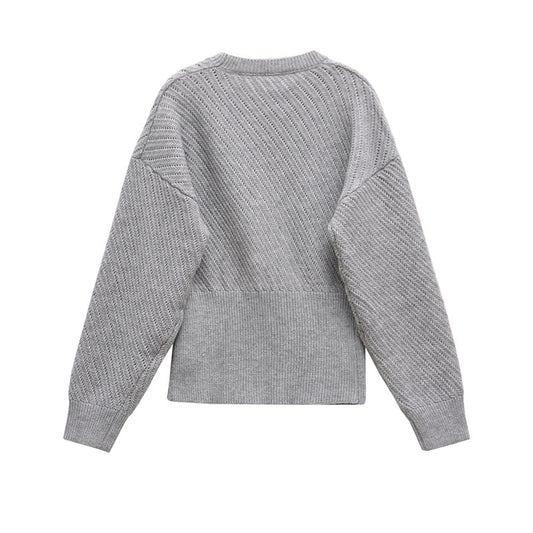 Women's Autumn And Winter Ribbed Woven O-neck Short Knitted Long Sleeve Sweater