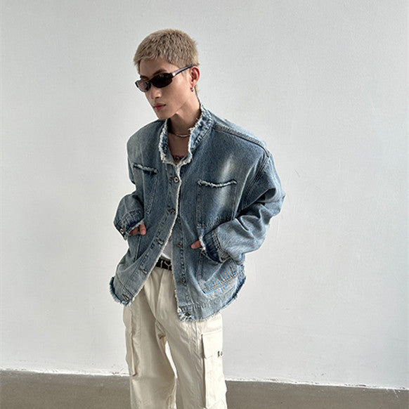 Damaged Design Feeling Rough Edge Washed Stand Collar Padded Shoulder Denim Jacket