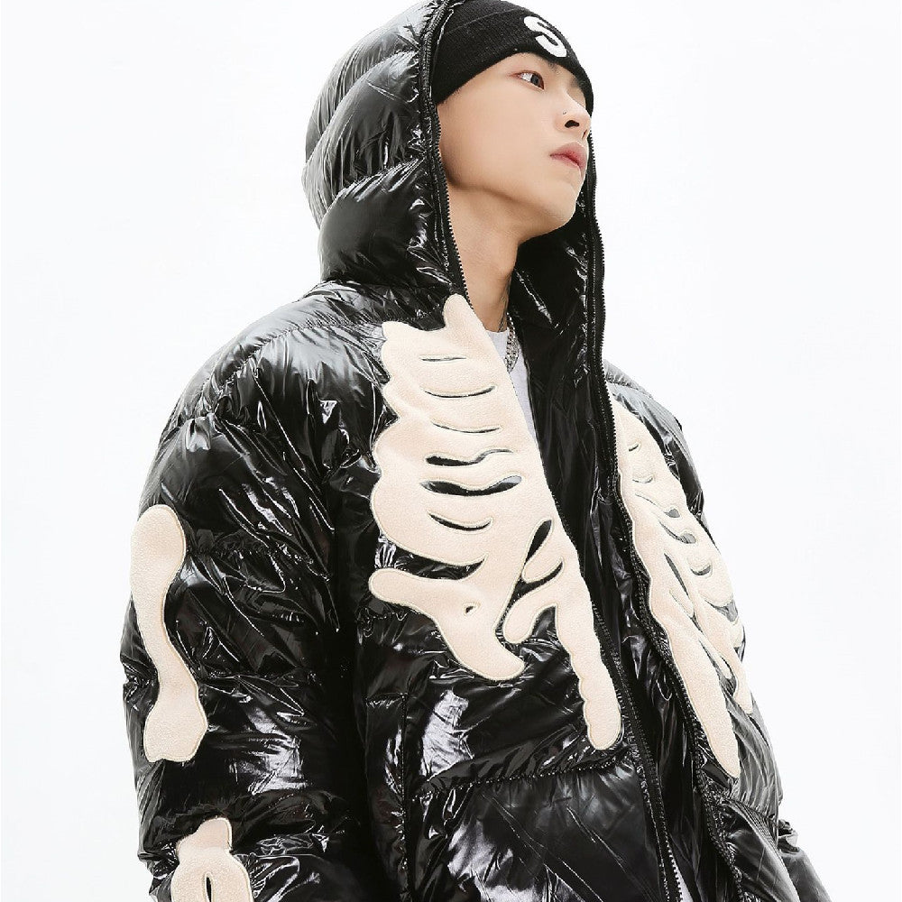 Men's Embroidered Leather Hooded Cotton Coat