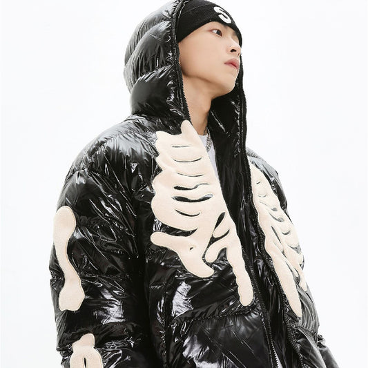 Men's Embroidered Leather Hooded Cotton Coat