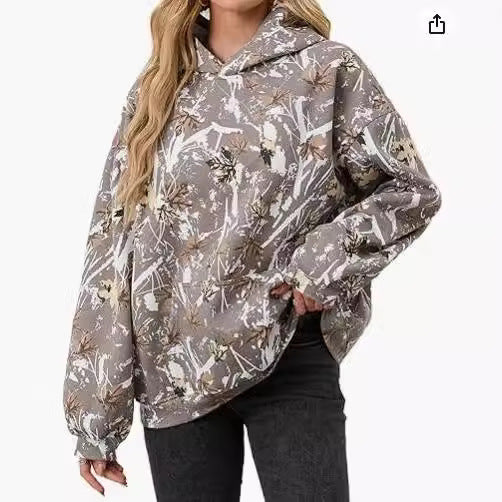 Camo uldhættetrøje til kvinder med lange ærmer, sænkede skuldre, oversized