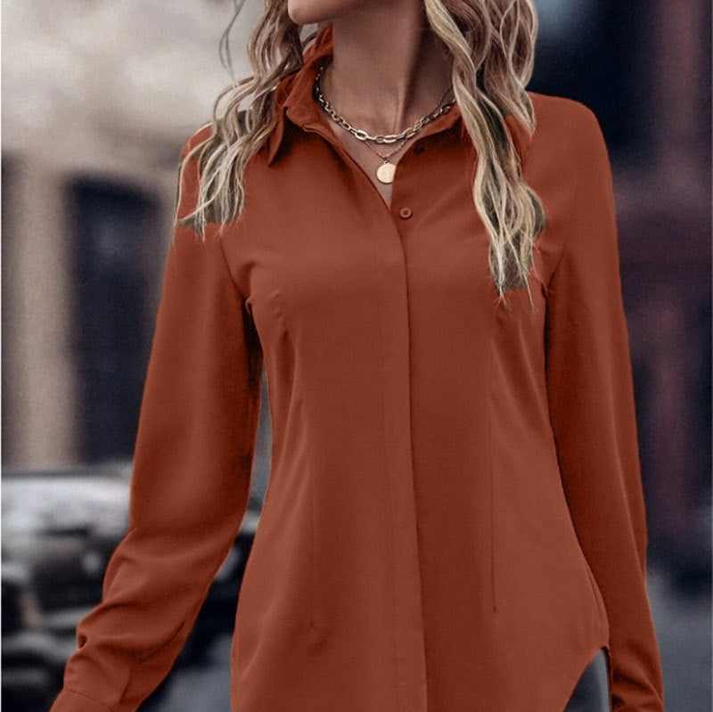 Dobbeltdørs Satin Revers Langærmet Top Pendlingsstil Slim-fit Dametøj