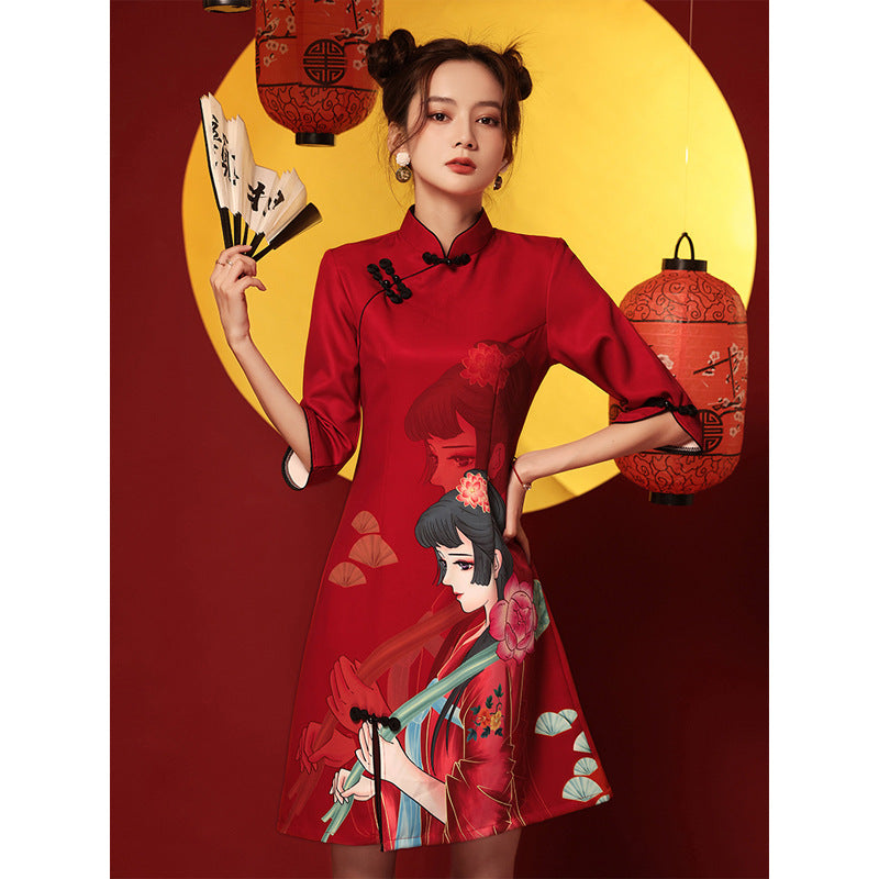 Womens Long-Sleeve Retro Casual Printed Dress
