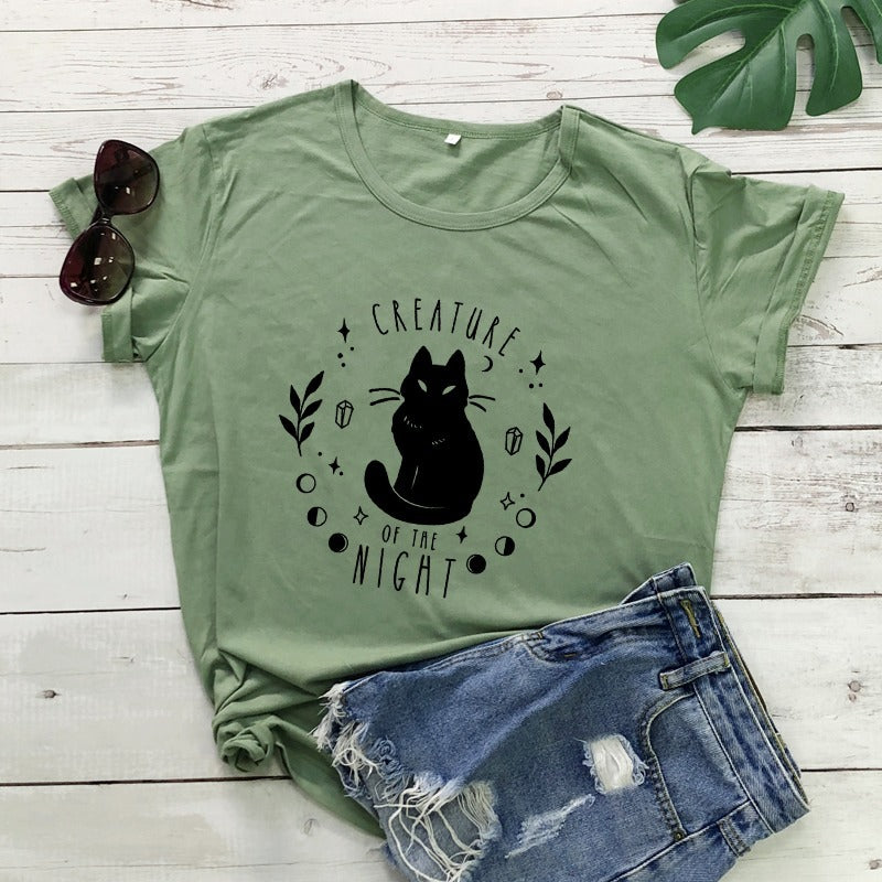 Women's Black Cat Alphabet Print T-Shirt