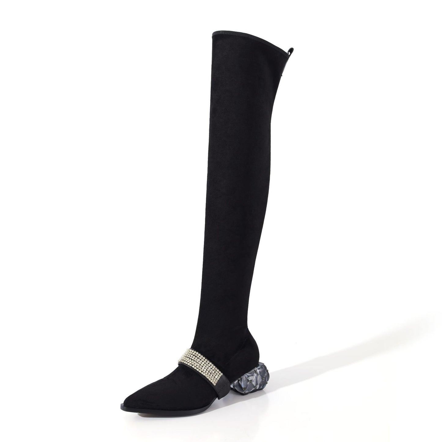 Suede Pointed Toe Elastic Lining Full Leather Crystal Chunky Heel Boots