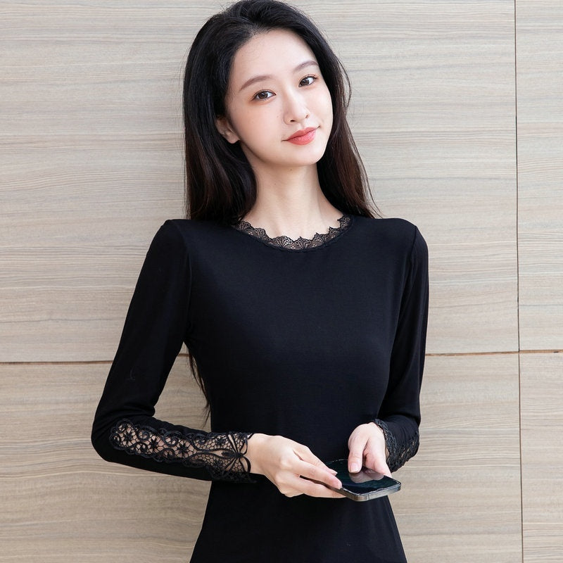 Womens Low-neckline Lace Black Top Thin Long-sleeve Design