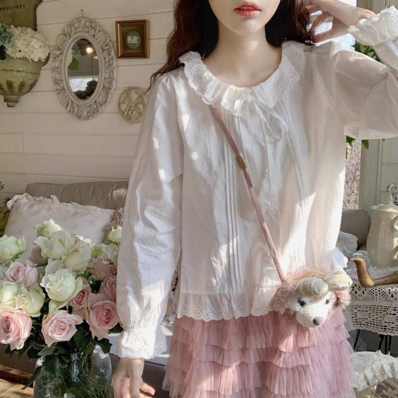 Preppy Style Gentle Sweet Lace Collar Shirt Long Sleeve Underwear Top