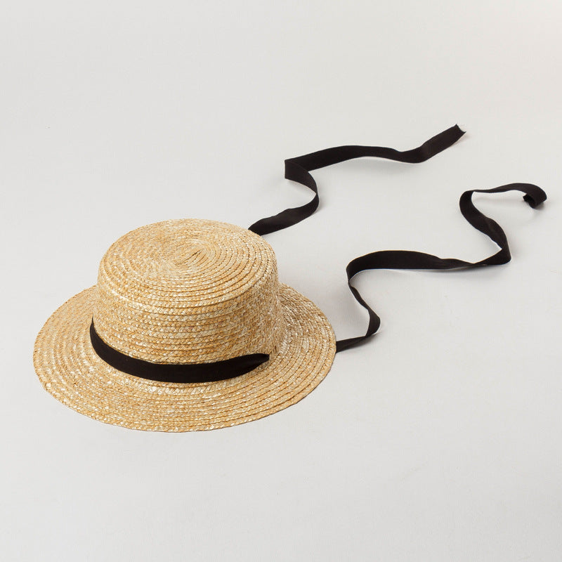 Children's Straw Flat Sun Hat With Strap