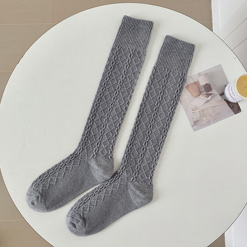 Autumn And Winter Thick Warm Hemp Pattern Solid Color Knee-length Cashmere Socks