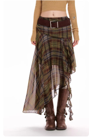 Green Chiffon Plaid Irregular Midi Skirt For Women