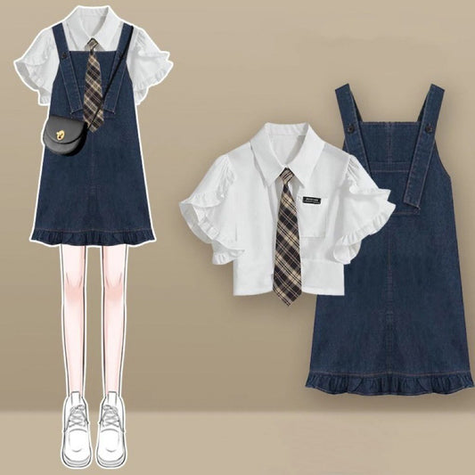 Girl Denim Dress College Style Blouse Suspender Skirt Outfit