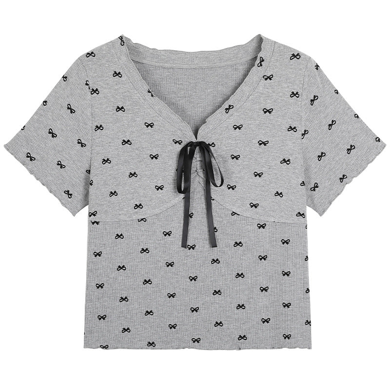 Sweet V-neck Bow Printed Shirt T-shirt