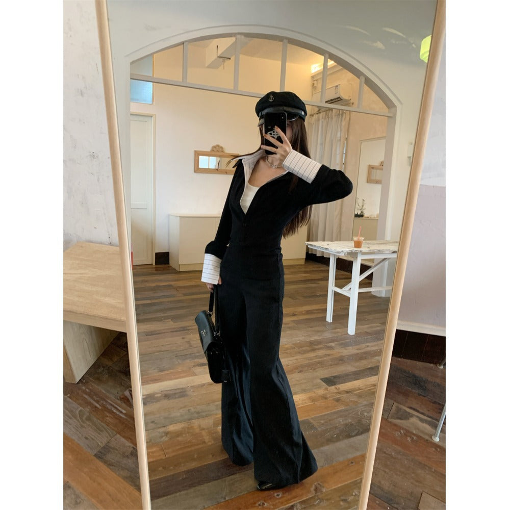 False Two-piece Patchwork Lapel Knitwear Female Winter Coat