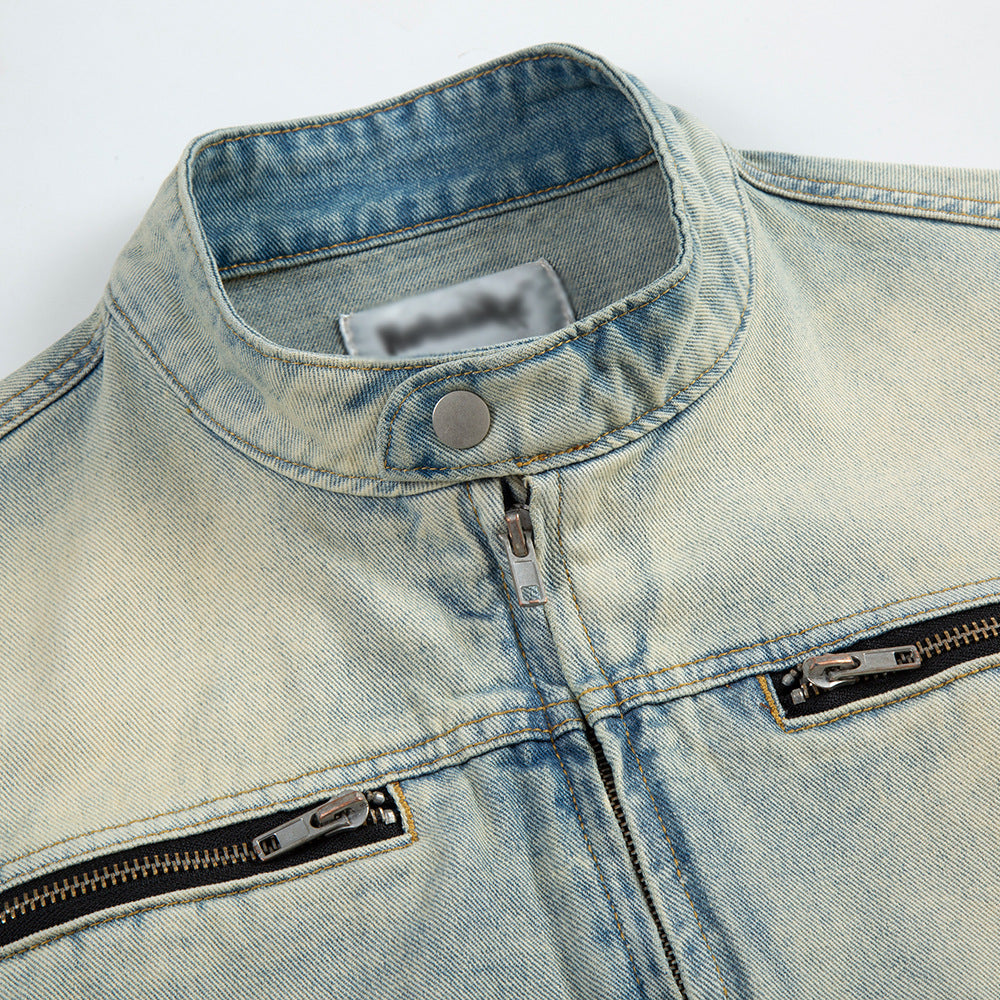 Men's High Street Fashion American Vintage Zipper Stand Collar Multi-pocket Jacket