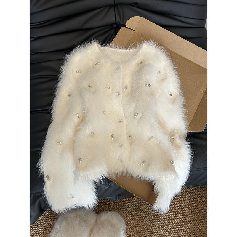 Elegant Heavy Industry Beads Soft Glutinous Knitted Sweater Coat