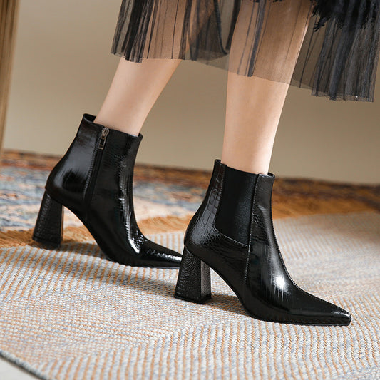 Women's Fashion Vintage Patent Leather Pointed Toe Martin Boots