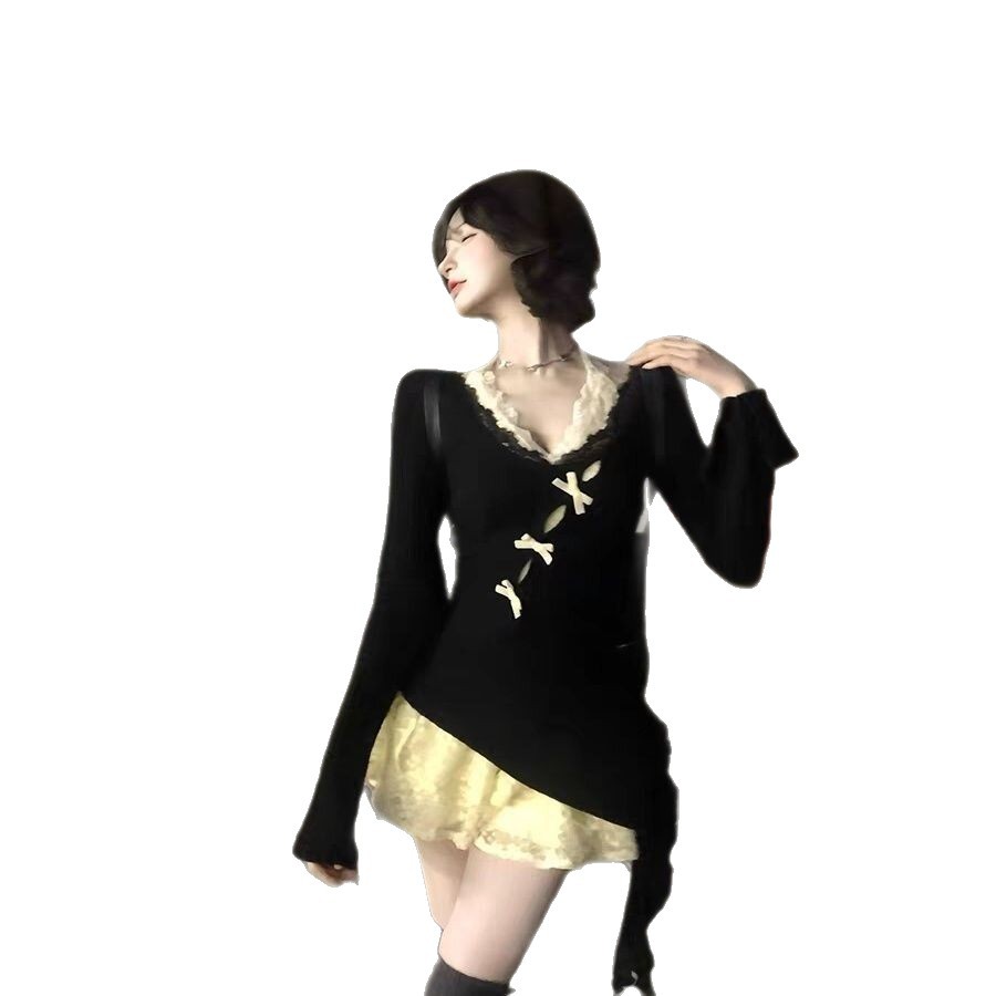 Womens Elegant Knitted Blouse And Lace Dress Two-Piece Set
