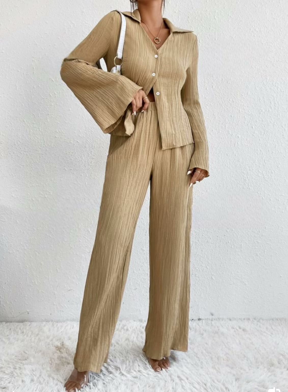 Solid-color Pleated Fashion Long-sleeve Shirt And Wide-leg Pants Casual Set