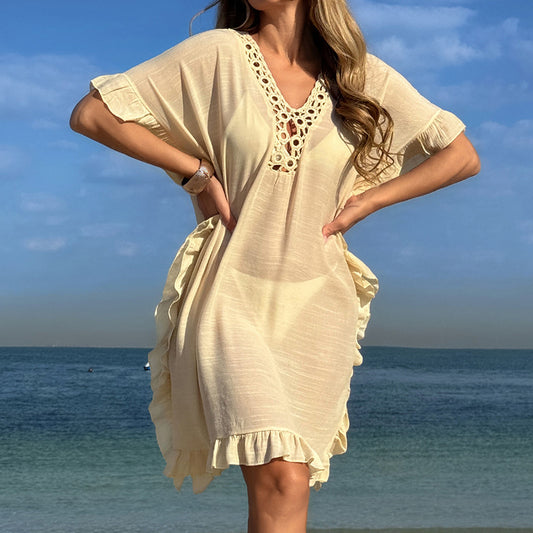 Cutout Hand-Knitted Floral Casual Tunic Dress