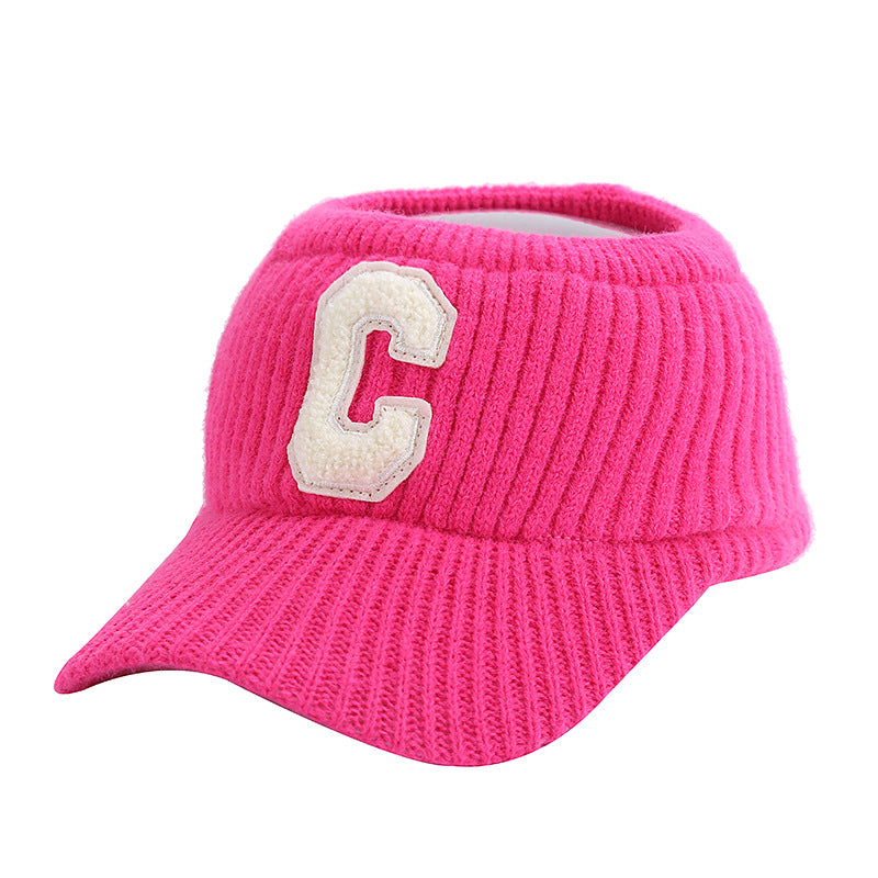 Female C Letter Fleece Warm Empty Top Knitted Baseball Hat