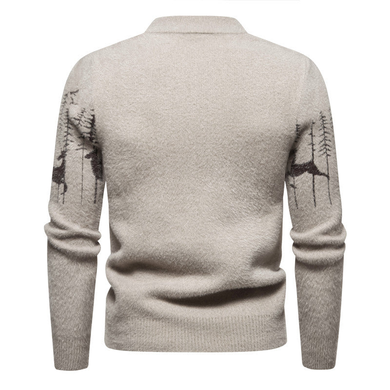 Herre striktrøje til efterår/vinter, slim underdel, trendy rundhalset pullover med julehjorteprint
