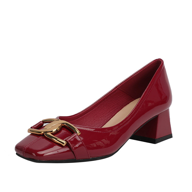 Sheepskin Square Toe High Heels Women's Thick Heel Patent Leather Metal