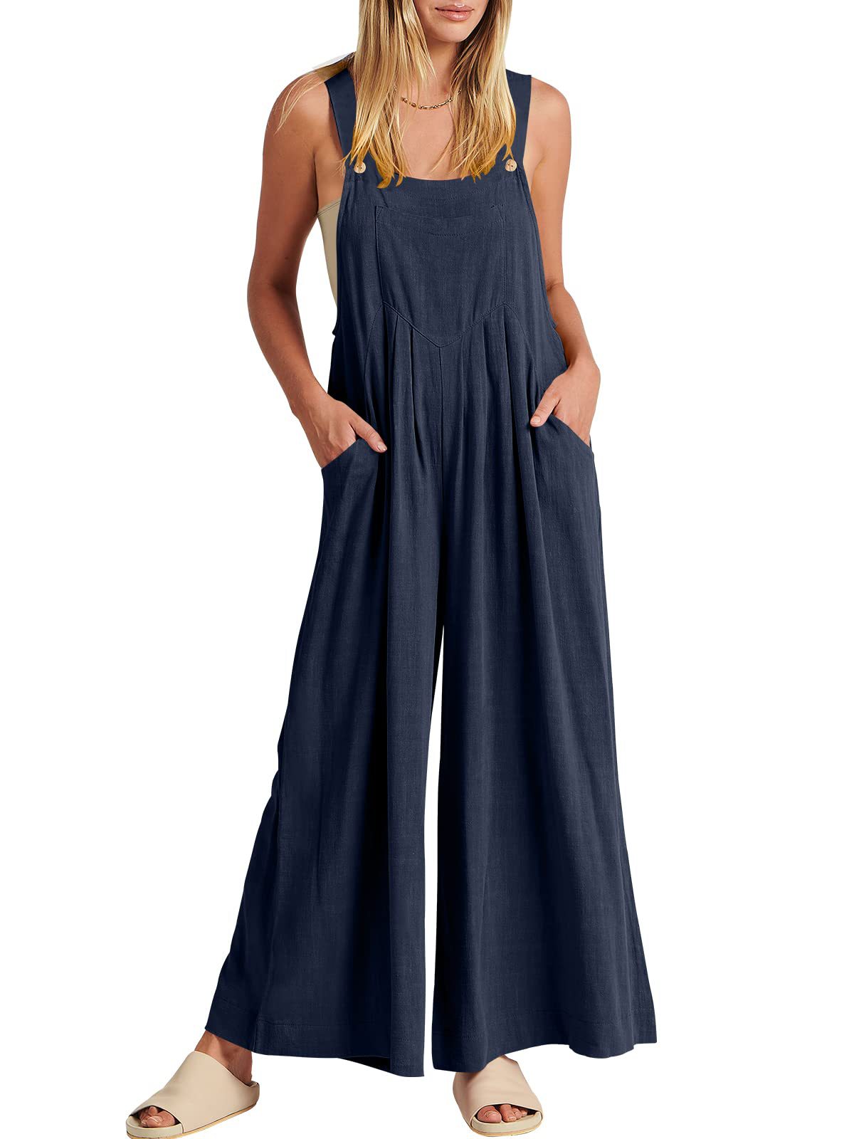 Women's Solid Color Loose Casual Cotton And Linen Suspender Jumpsuit