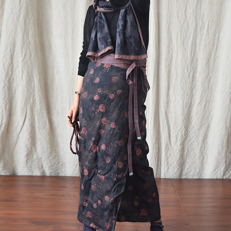 Retro High Waist Printing Crafts Linen Wrap Tie-shoulder Floral Skirt