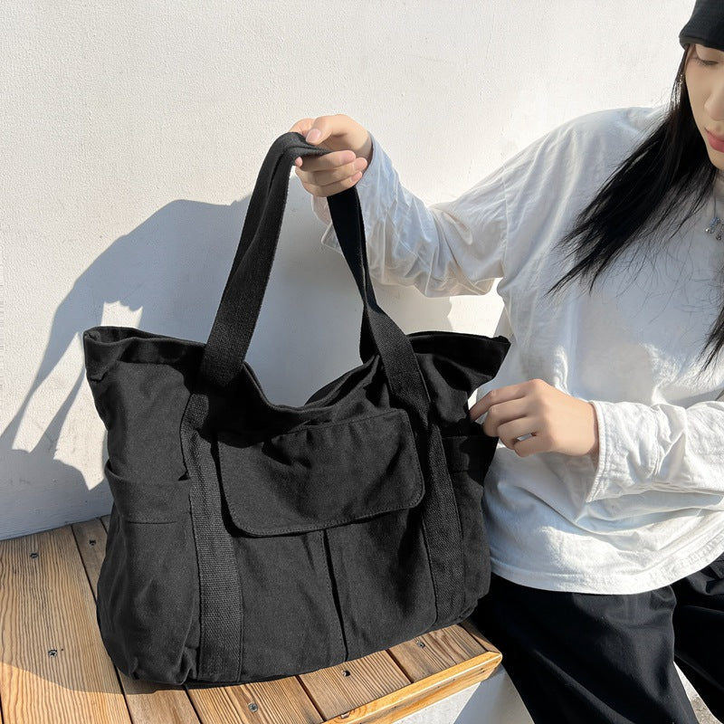 Japanese Large Capacity Solid Canvas Shoulder Bag Tote