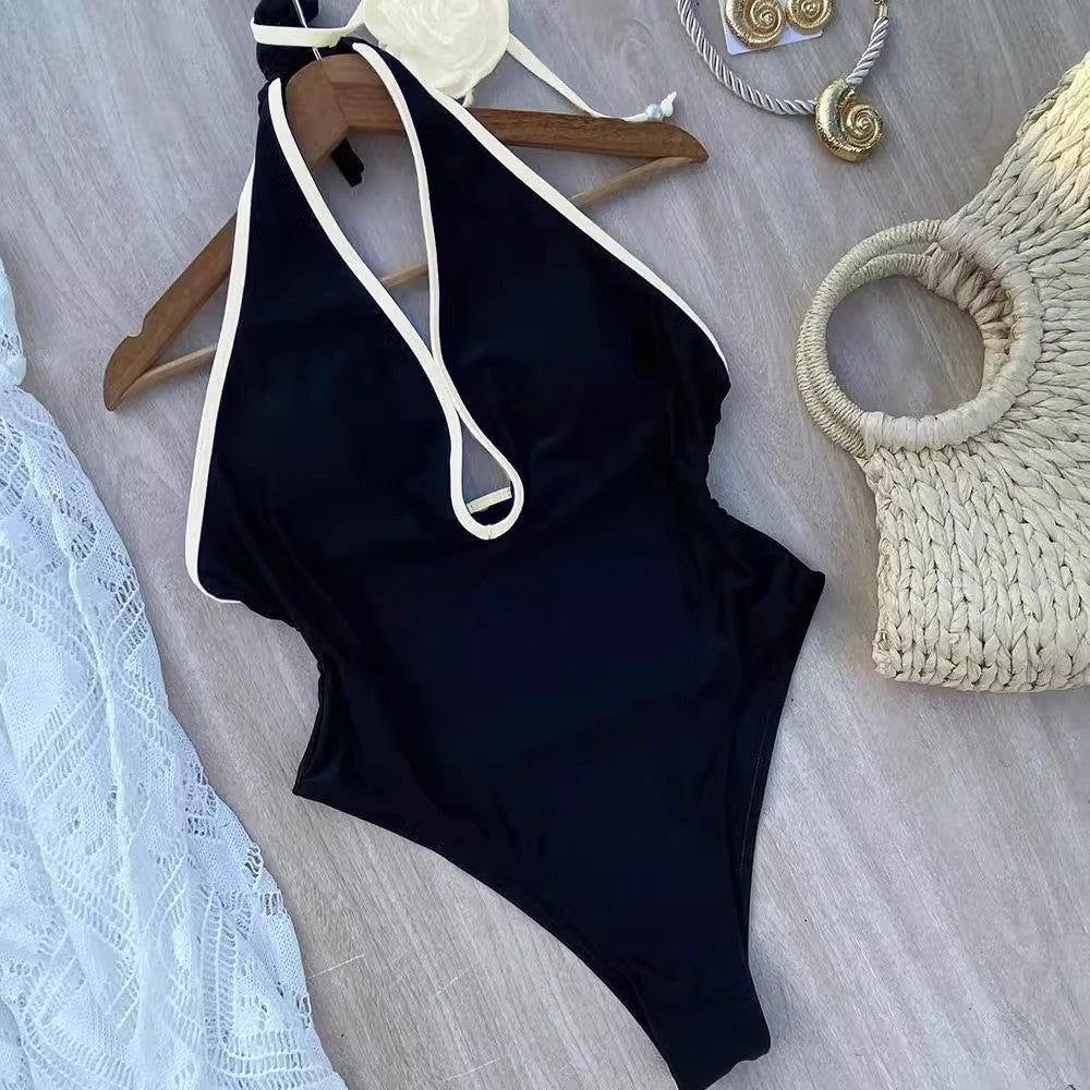 Pure Color Halter Waist Lace Flower Waist Slimming Slim Fit One-piece Sunscreen Women's Swimsuit