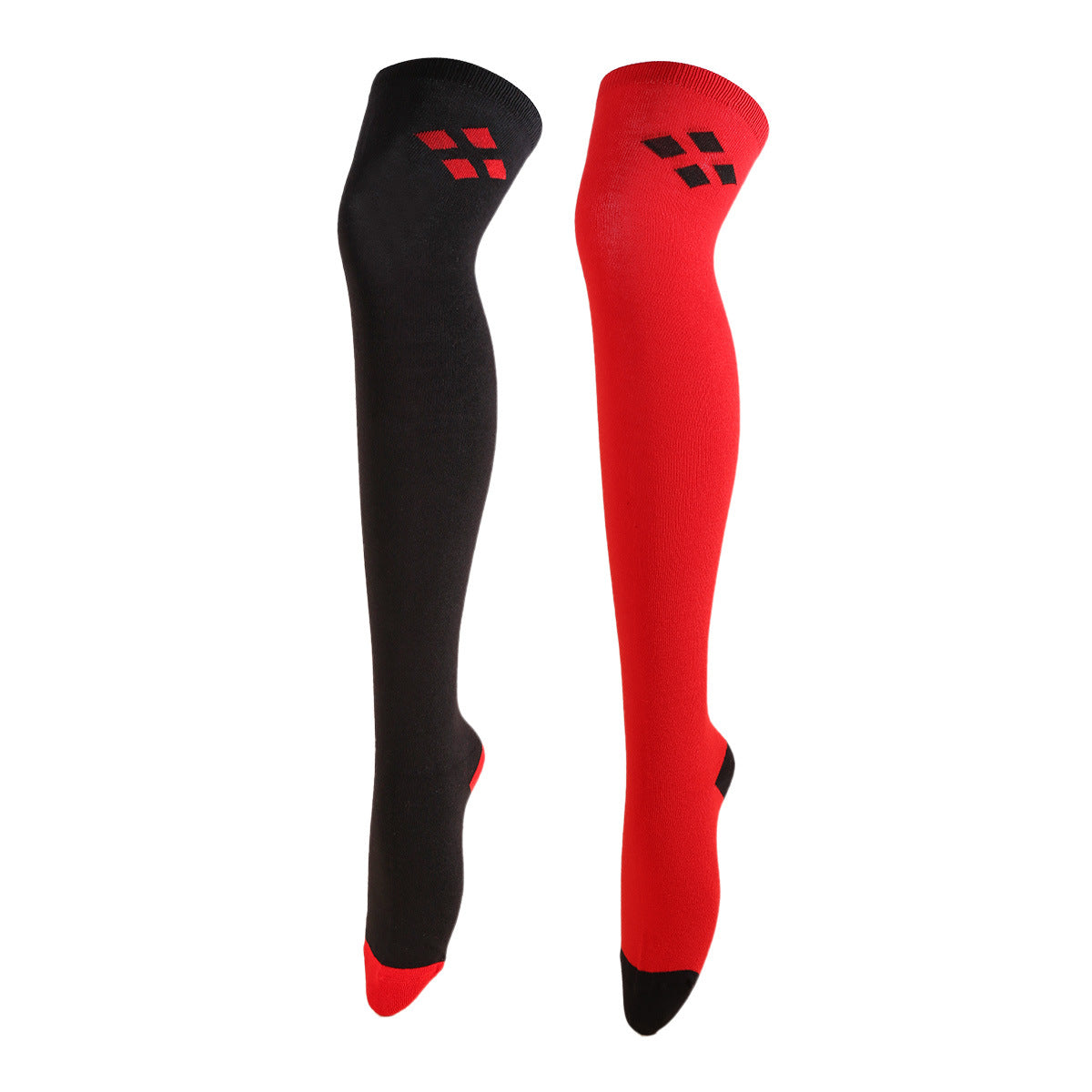 Fashion Red And Black Diamond Pattern Thigh-high Cotton Cosplay Harley Quinn Women's Socks