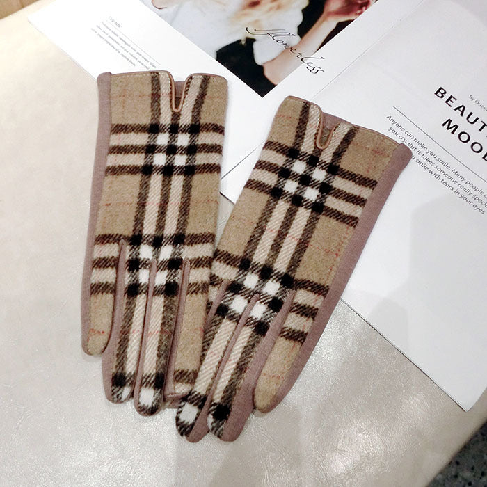 Color Plaid Wool Plus Velvet Thick Five-finger Gloves