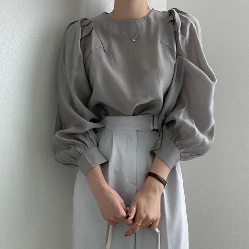 Women's Solid Color French Simplicity Round Neck Puff Sleeve Shirt