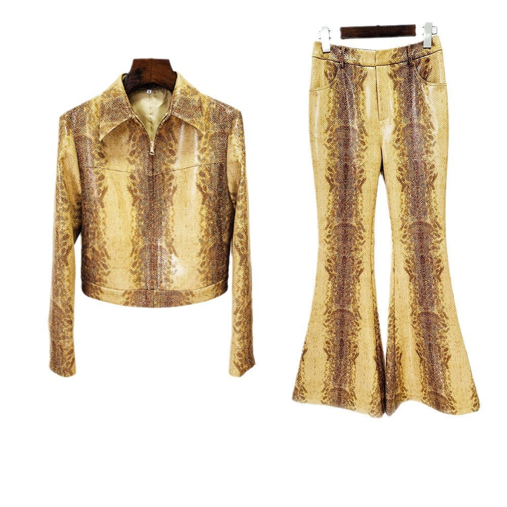 Fashion Snake-print Leather Jacket Coat Flared Pants