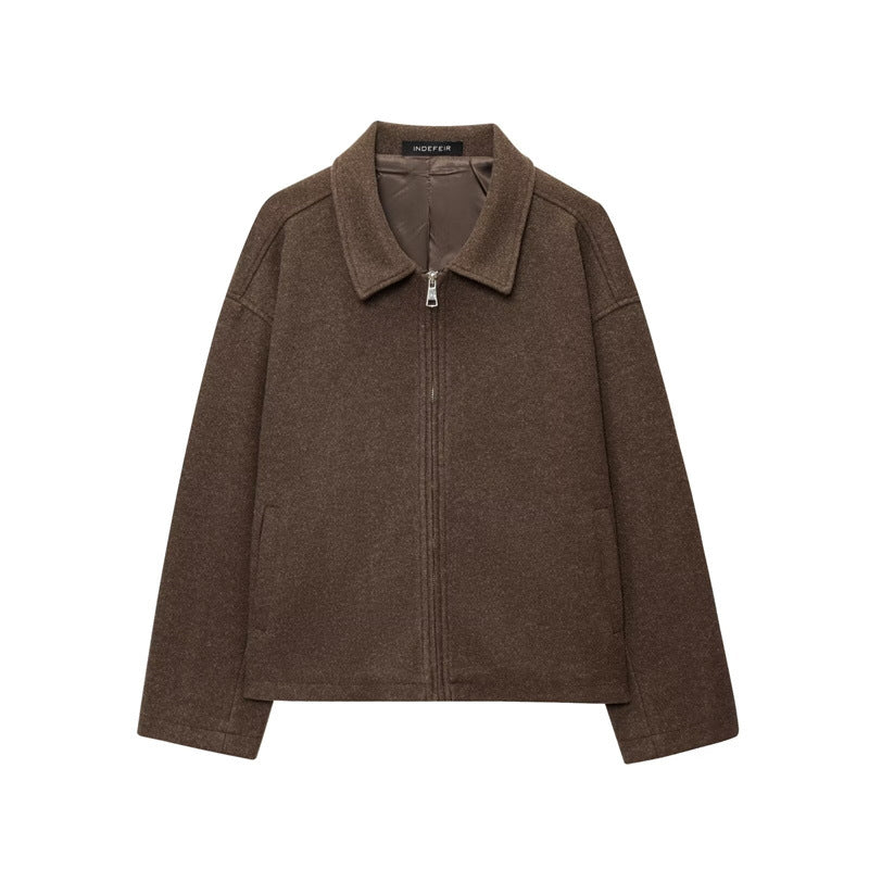 Collar casual versatile jacket with zipper and woolen coat