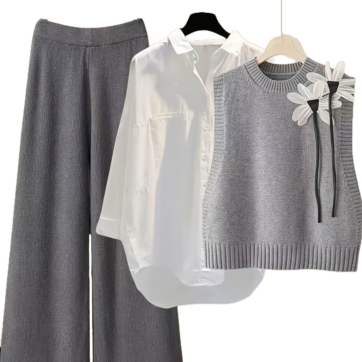 Casual Single-Breasted Shirt Bow-Decorated Knitted Vest And Casual Pants Three-Piece Set