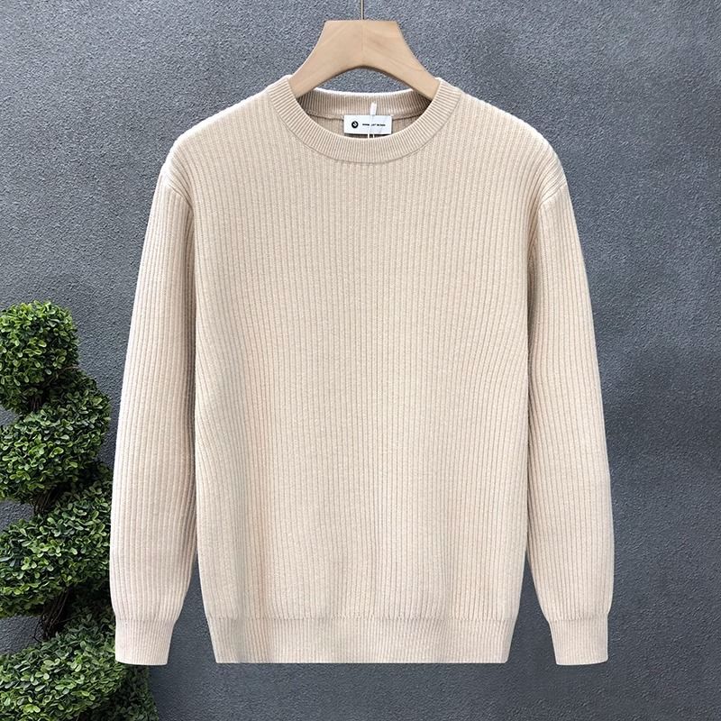 Mens Versatile Simple Solid-Color Apricot Knitted Sweater
