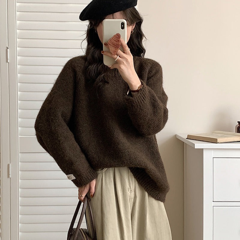 Round Neck Idle Style Autumn And Winter Long Sleeve Soft Glutinous Colored Knit Top