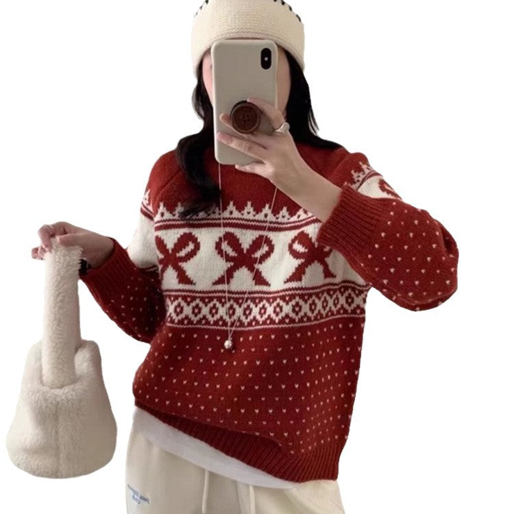 Women's Korean-style Vintage Jacquard Round Neck Sweater With Bow