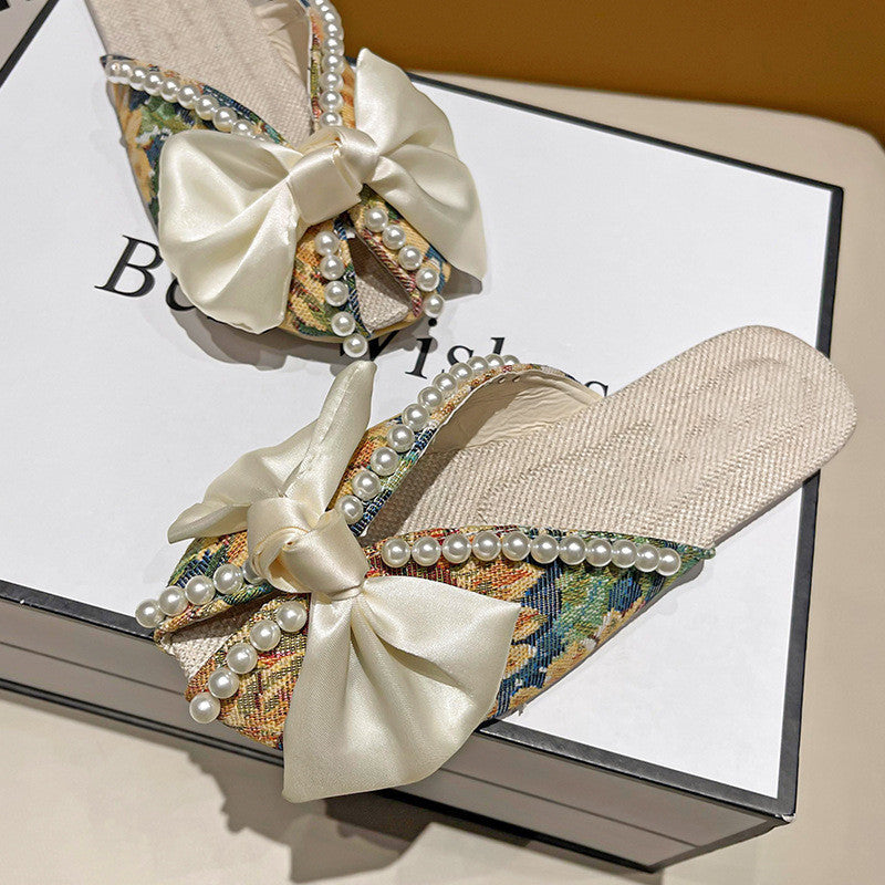 Women's Fashion Package Head Flat Bow Tie Floral Slippers
