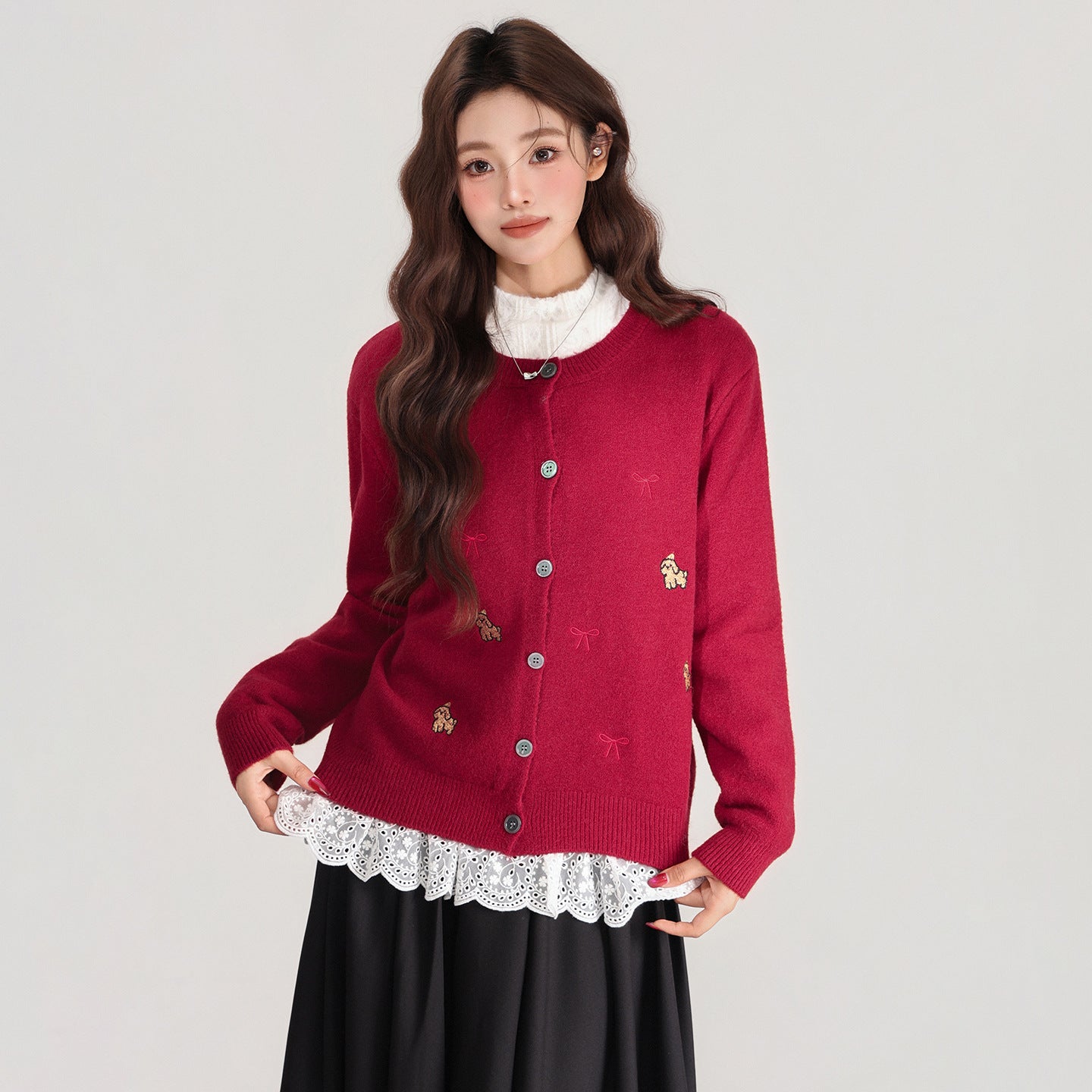 Red Embroidered Button Front Long Sleeve Knitted Cardigan Women's Sweater