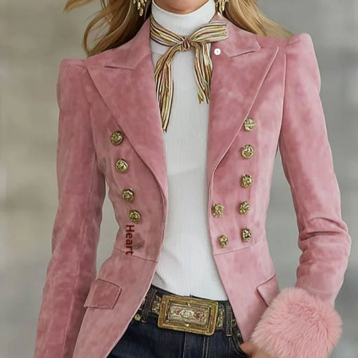 Lapel Multi-button Faux Suede And Fur Blazer
